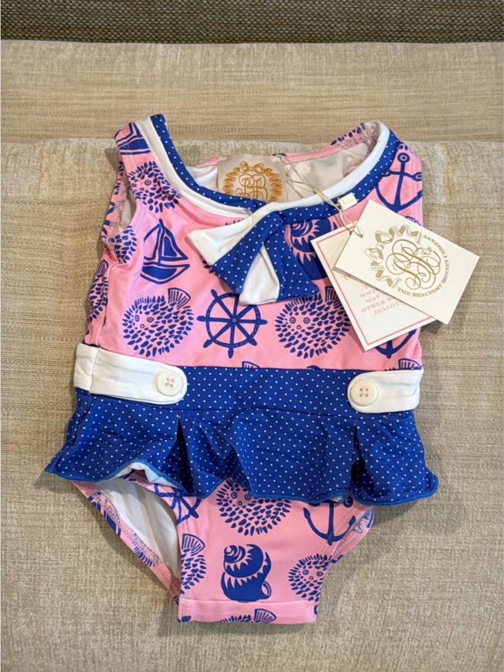 The Beaufort Bonnet Company Pink and Blue Nautical One-Piece Girls Swim